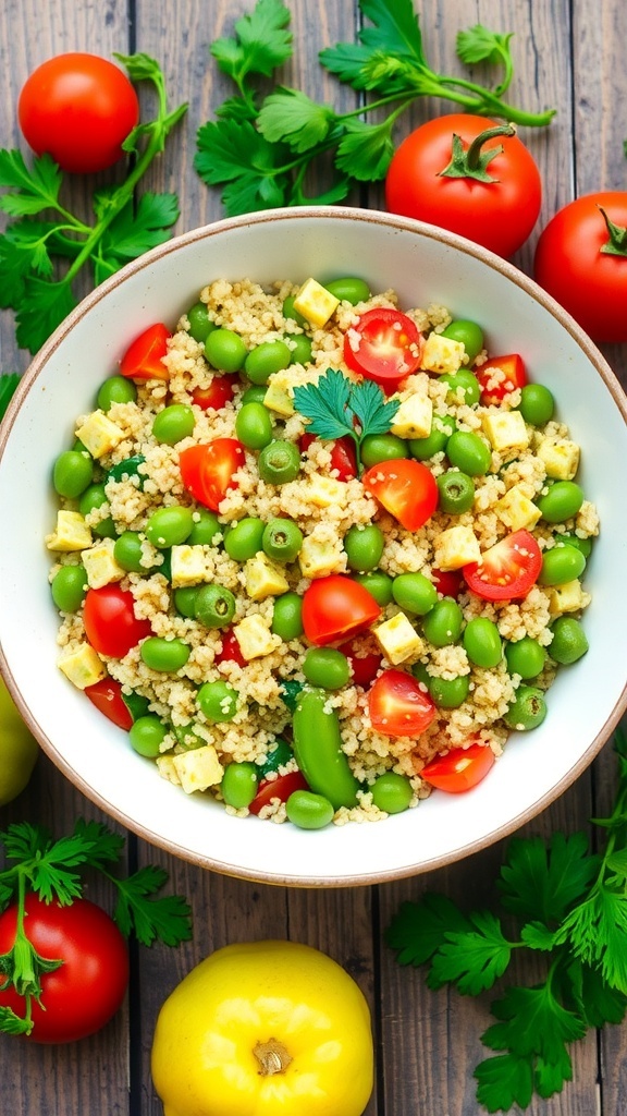 A colorful quinoa salad with snap peas and cherry tomatoes in a bowl on a wooden table.